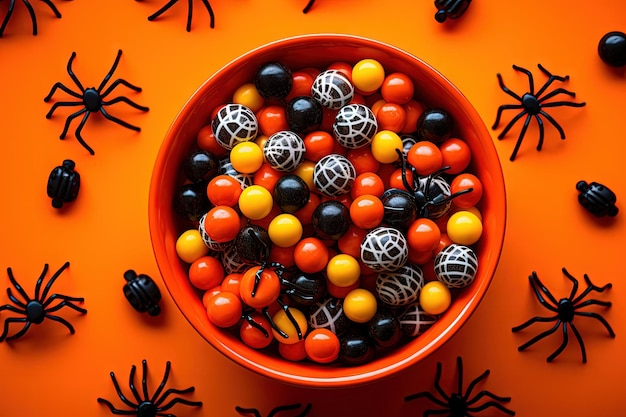 Bonbons d'Halloween colorés dans un bol en toile d'araignée noire sur fond orange