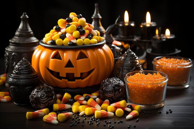 Bonbons d'Halloween dans un bol de citrouille avec des bonbons sur une table en bois