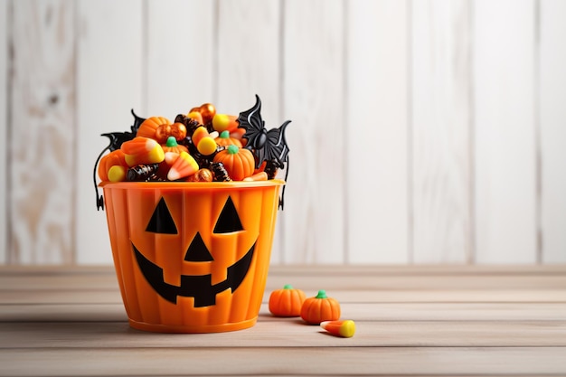 Des bonbons d'Halloween dans un seau sur fond de bois