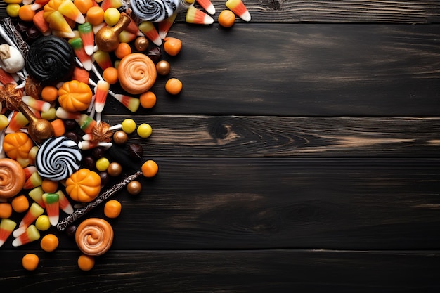 Des bonbons d'Halloween sur un fond en bois brun