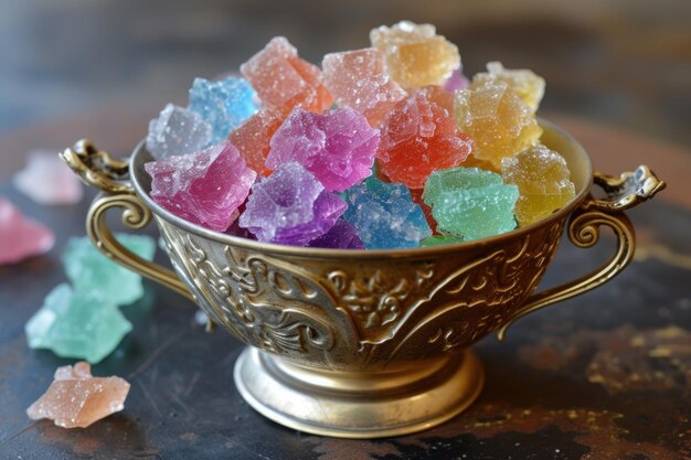 Des bonbons iraniens dans une tasse en métal vintage