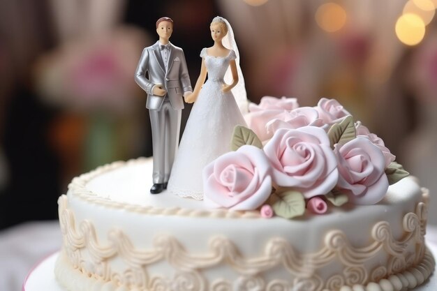 Photo des bonbons de mariage au sommet d'un gâteau de mariage au haut du gâteau avec des figures mignons de deux femmes charmantes en robes ensemble pour toujours