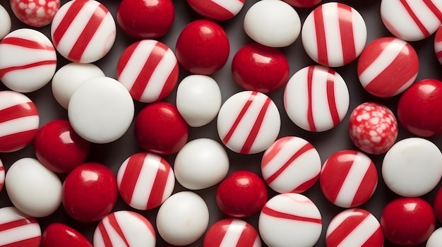 Des bonbons à la menthe poivrée à rayures rouges et blanches disposés en diagonale sur le cadre