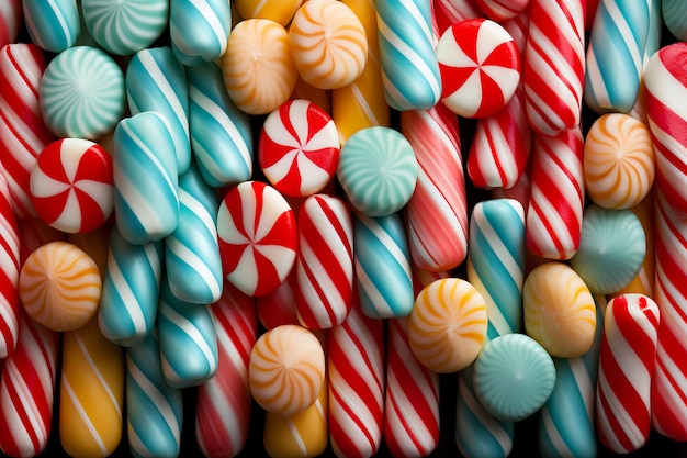 Photo des bonbons à la menthe pour noël avec des rayures en arrière-plan