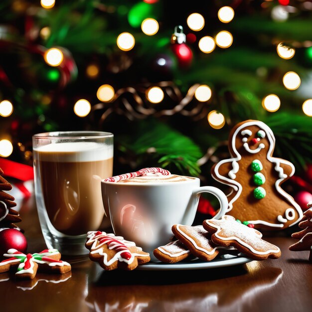 Photo des bonbons de noël, du cappuccino et des biscuits au pain d'épice devant l'arbre de noël.