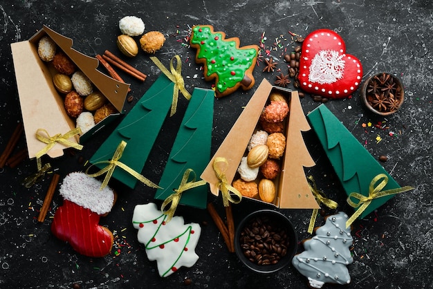 Bonbons de Noël pain d'épice et bonbons Bannière Vue de dessus Sweet bar