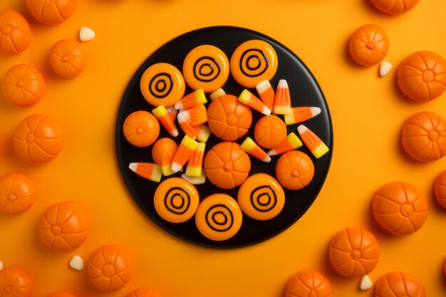 Des bonbons et des pâtisseries sur le thème de l'Halloween ressemblant à des figures effrayantes sur un fond orange vibrant