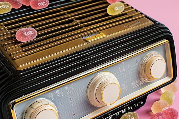 Photo des bonbons et une radio vintage qui émettent de la douceur