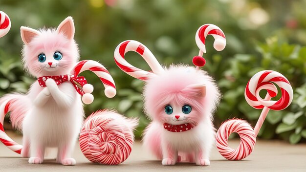 Bonbons à la réglisse rayés rouges et blancs et images d'animaux pelucheux drôles, image fabuleuse pour enfants