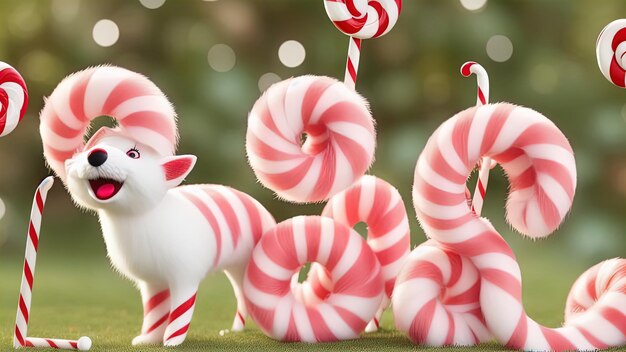 Bonbons à la réglisse rayés rouges et blancs et images d'animaux pelucheux drôles, image fabuleuse pour enfants