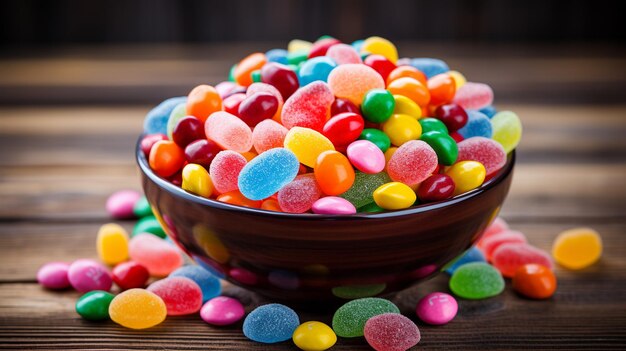 Photo bonbons ronds multicolores en glaçage coloré en grandes quantités dans une assiette