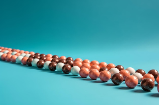 Bonbons sucrés en rangées sur fond bleu