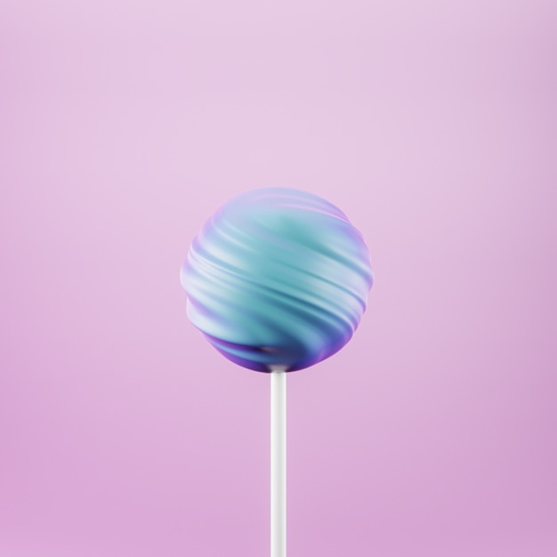 Bonbons sucrés sucette bleue sur bâton, fond rose pastel, rendu 3d