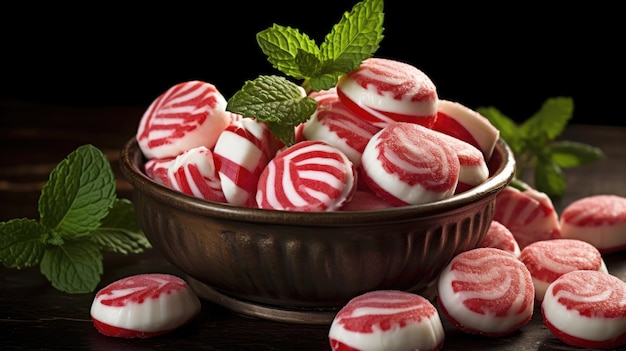 Bonbons traditionnels à la menthe poivrée Fond de fête de bonbons en rouge et blanc