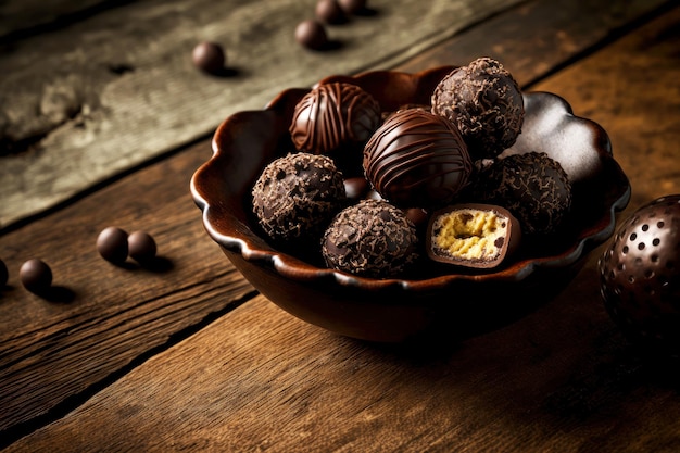 Bonbons à la truffe dans un bol sur fond de bois