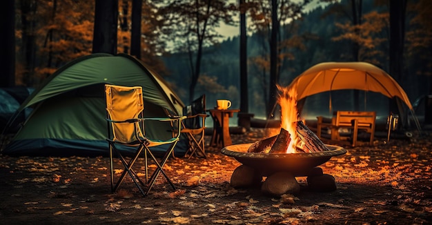 Bonfire's Warm Glow par des chaises et une tente de camping dans les bois