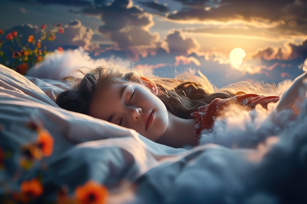 Bonheur au coucher doux rêve enfant créant un havre de tranquillité et d'émerveillement où l'imagination s'élève et les petits cœurs trouvent un sommeil reposant