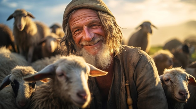 Photo le bonheur des bergers avec les moutons le sourire contagieux la scène idyllique