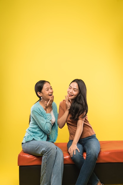 Bonheur deux jeune femme discutant avec les mains sur les lèvres en position assise