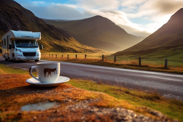 Le bonheur du camping-car Savourer une tasse de café sur la route