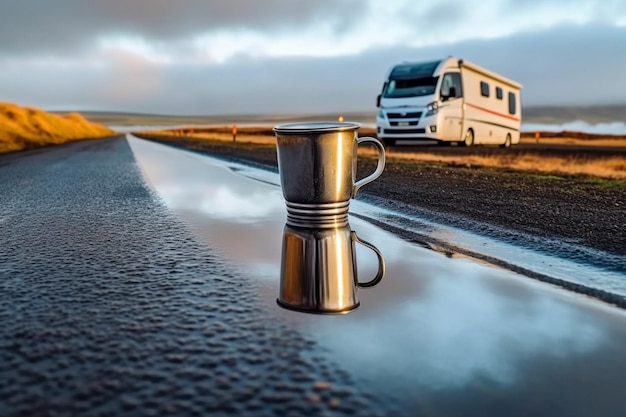Le bonheur du camping-car Savourer une tasse de café sur la route