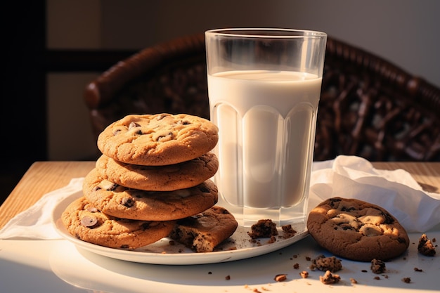 Le bonheur du matin en dégustant un délicieux biscuit aux chips avec un verre de lait crémeux