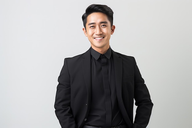 Bonheur d'entreprise Homme d'affaires thaïlandais souriant en costume noir Un portrait de la réussite professionnelle