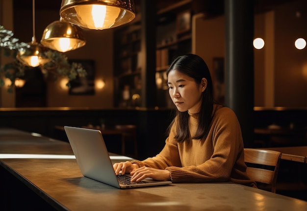 Bonheur jolie femme asiatique en chemise jaune travaillant avec un ordinateur portable pensant avoir des idées