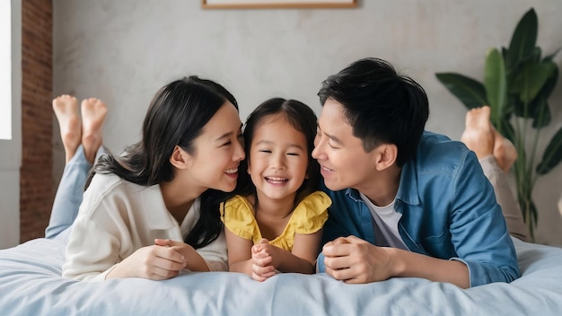 Bonheur joyeuse famille asiatique mère père fille allongée ensemble avec plaisir jouer baiser sur le lit portrait