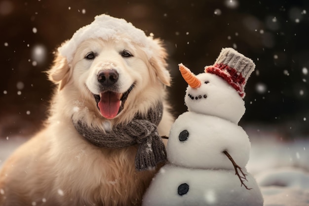 un bonhomme de neige accompagné d'un chien espiègle Créé avec la technologie IA générative