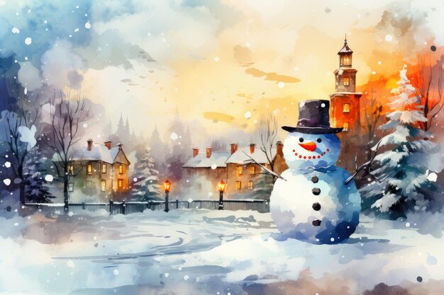 Bonhomme de neige aquarelle dessiné à la main pour Noël dans un cadre hivernal chaleureux