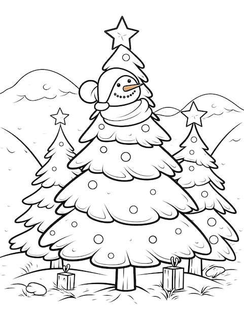 Photo un bonhomme de neige et un arbre de noël dans une scène enneigée coloriage page pour les enfants
