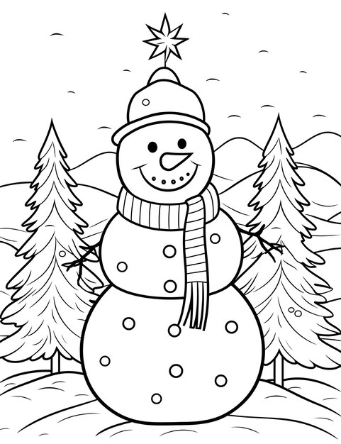 Photo un bonhomme de neige et un arbre de noël dans une scène enneigée coloriage page pour les enfants