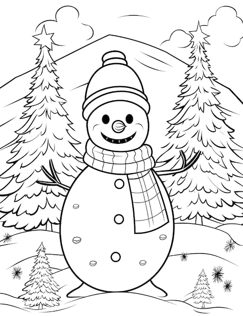 Un bonhomme de neige et un arbre de Noël dans une scène enneigée coloriage Page Pour les enfants