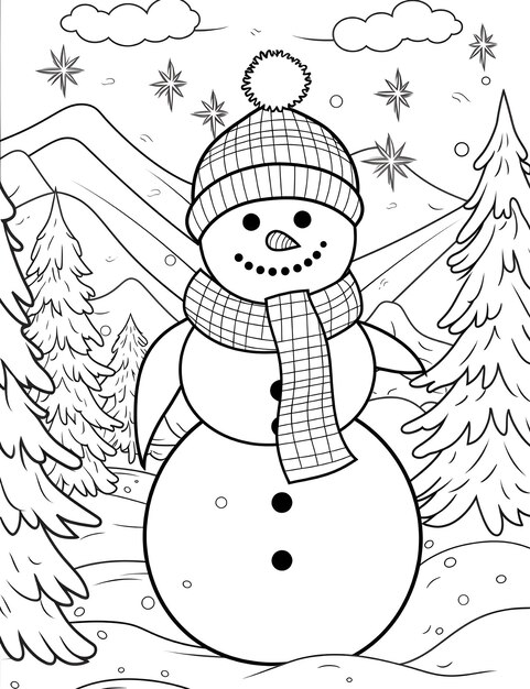 Photo un bonhomme de neige et un arbre de noël dans une scène enneigée coloriage page pour les enfants