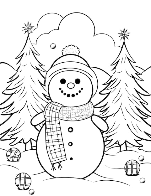 Photo un bonhomme de neige et un arbre de noël dans une scène enneigée coloriage page pour les enfants