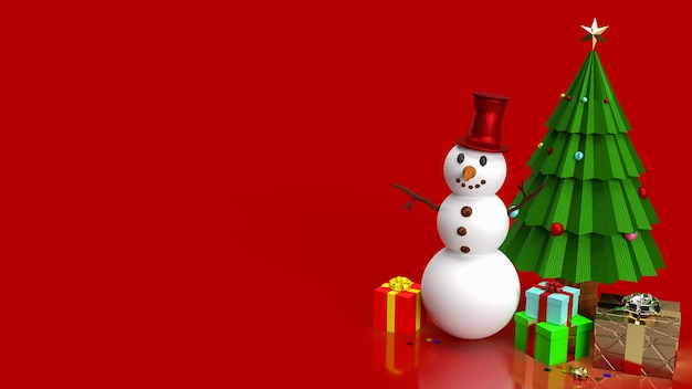 Le bonhomme de neige et l'arbre de Noël sur fond rouge rendu 3d