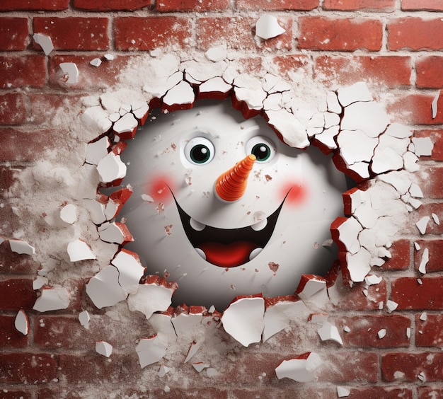 un bonhomme de neige arrafé regardant à travers un trou dans un mur de briques avec de la peinture rouge générative ai