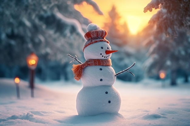 Bonhomme de neige au milieu d'un pin pendant l'hiver Concept de Noël Generative AI