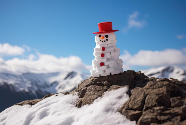 un bonhomme de neige au sommet d'une montagne dans le flanc de la montagne dans le style blanc et cramoisi