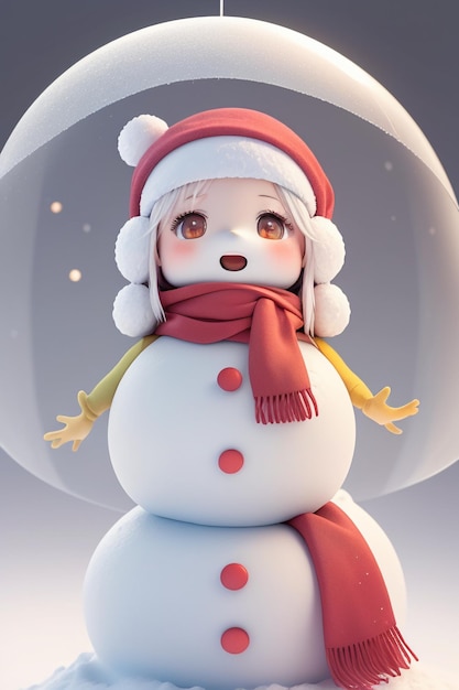 Un bonhomme de neige avec un bonnet rouge et une écharpe rouge