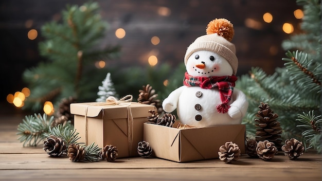 un bonhomme de neige avec un cadeau devant un arbre de Noël