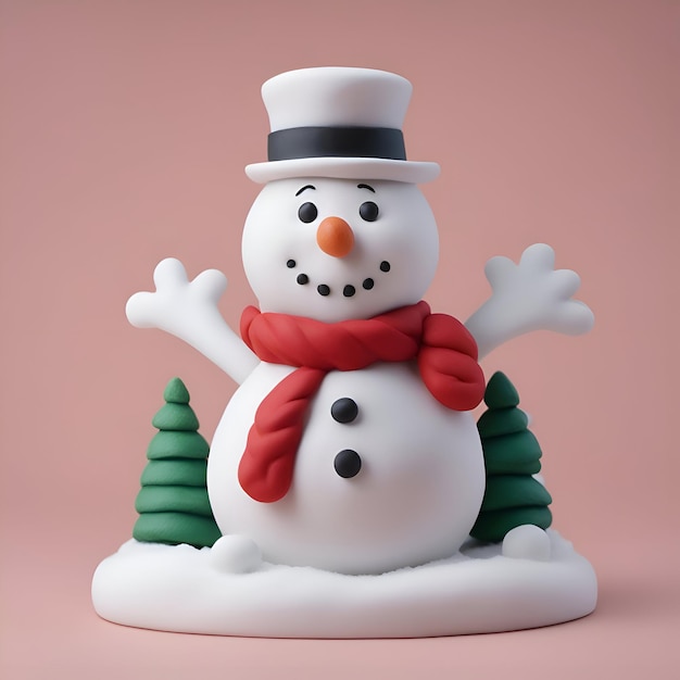 Bonhomme de neige avec chapeau et écharpe sur fond rose rendu 3d