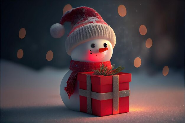 Un bonhomme de neige avec un chapeau et une écharpe rouge tenant une belle boîte cadeau