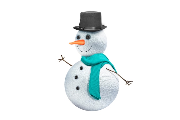 Bonhomme de neige avec chapeau noir isolé sur fond blanc