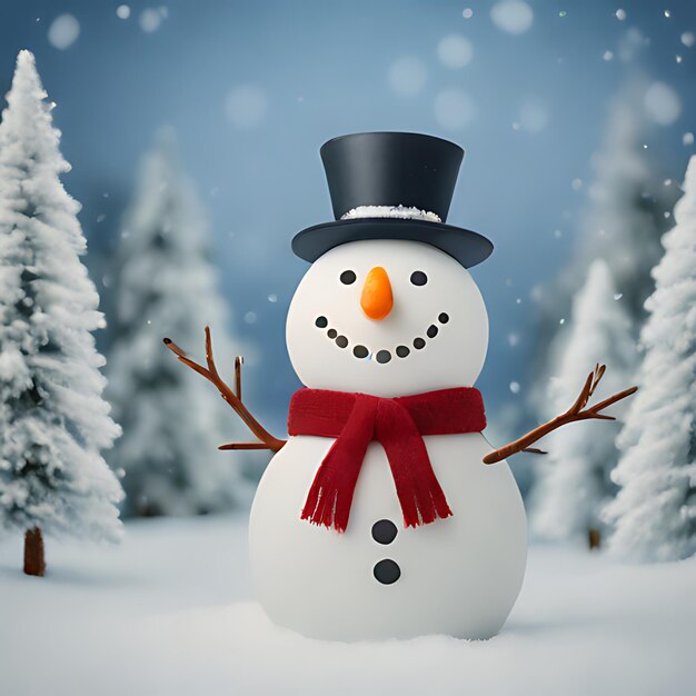 Photo un bonhomme de neige avec un chapeau noir et un ruban rouge autour du cou