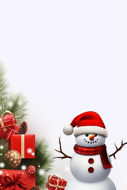 un bonhomme de neige avec un chapeau de Père Noël à côté d'un arbre de Noël