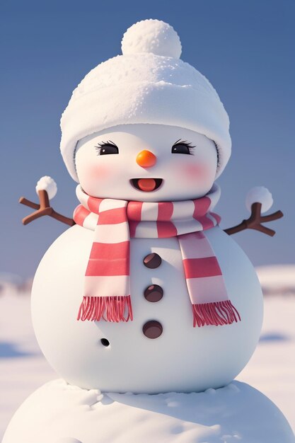 Un bonhomme de neige avec un chapeau rouge et une écharpe rouge se dresse dans la neige.