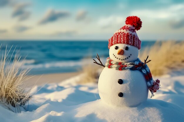 Un bonhomme de neige avec un chapeau rouge et un foulard sur la plage