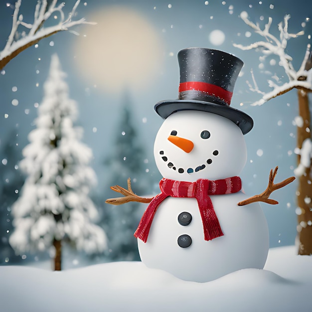 un bonhomme de neige avec un chapeau rouge et un foulard rouge se tient dans la neige